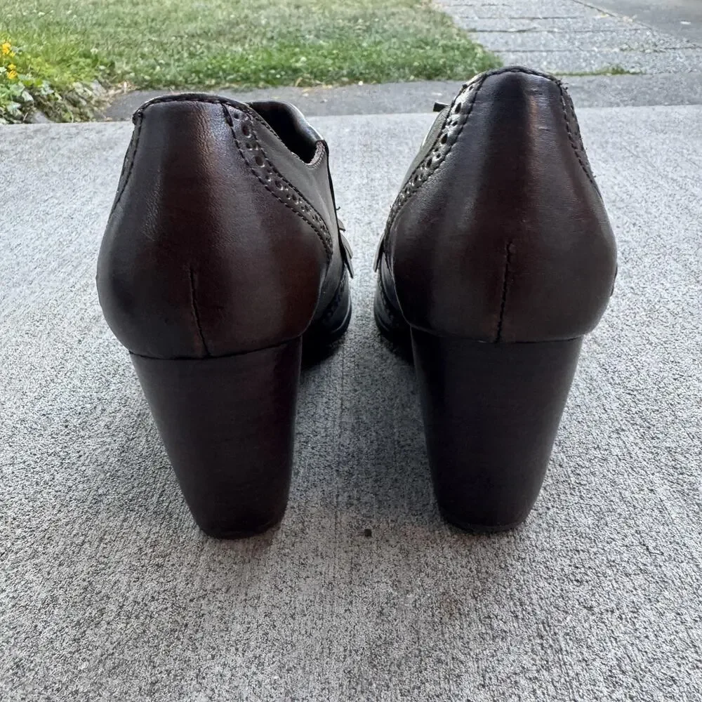 Born Brown Leather Kiltie Lace Up Pumps Womens 8.5 Block Heel Comfort Oxford